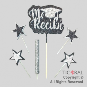 ADORNO DE TORTA SET ME RECIBI CON 4 ESTRELLAS Y BENGALA GIBRE PLATA x 1